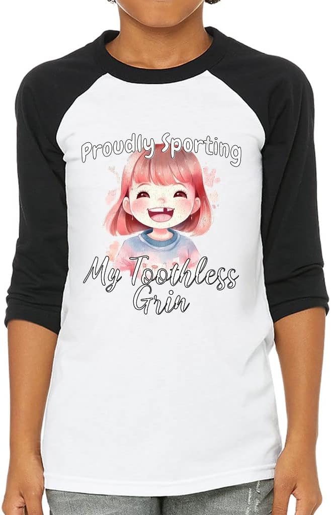 Proudly Sporting My Toothless Grin Kids' Baseball T-Shirt - Art 3/4 Sleeve T-Shirt - Print Baseball Tee