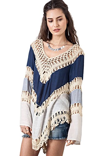 Vanbuy Blusa bohemia con cuello en V de ganchillo para mujer, blusa ahuecada para traje de baño de playa, Azul, M