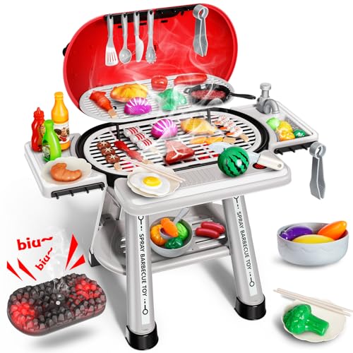 Kids BBQ Grill Playset,Indoor Kitchen Toy,Play Toy Grill Set with Fake Smoke Lights Sounds,Kids Grill Playset Kitchen Toys Set with Sink,2-Layer Barbecue Outdoor Play Grill Toy for Toddler Boys Girls