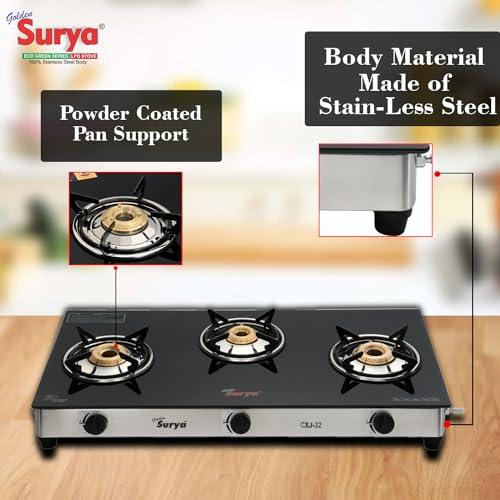 Image of Golden Surya 3 Burner Gas Stove with Toughened Glass Top, Stainless Steel Body, Manual Ignition, ISI Certified, 18 Months Warranty (CXJ-32-SS)