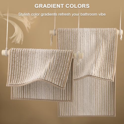 BSICPRO Bathroom Rugs and Mats Sets, 2 Piece Thick Absorbent Chenille Bath Mat Rug Set Non Slip, Soft Shaggy Bath Floor Mats for Bathroom, Machine Washable (20" x 47" Plus 16" x 24", Beige)