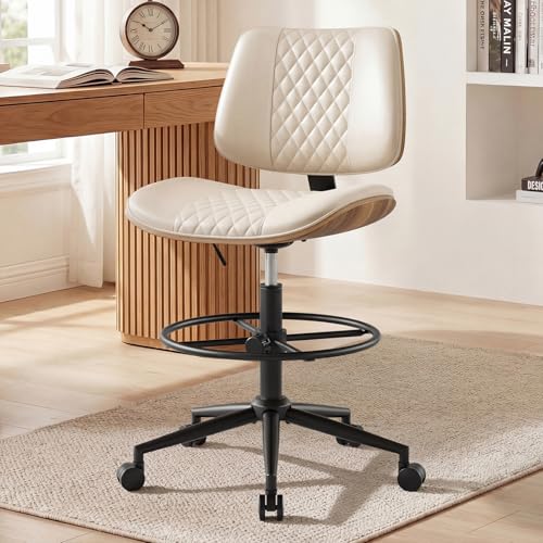 Image of Drafting Chair with Adjustable Footrest, Armless Modern Tall Office Chair for Standing Desk, PU Leather Swivel Stool in Curved Bentwood Style, Ergonomic Rolling Walnut Chair for Office(Beige)