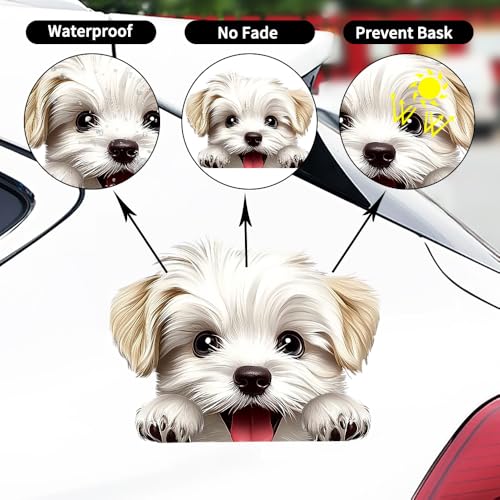Image of Cute Animal Dog Car Sticker Waterproof PVC Double-Sided Printed Puppy Car Decal Funny Dog Peeking Decal for Car Window Bumper Truck Wall Laptop Car Decor (White Dog)