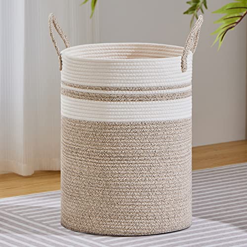 Image of VIPOSCO Large Laundry Hamper, Tall Woven Rope Storage Basket for Blanket, Toys, Dirty Clothes in Living Room, Bathroom, Bedroom - 100L Brown & White
