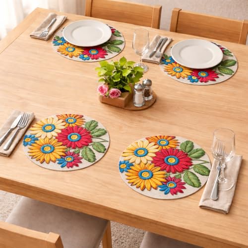 Image of Jute Cotton Round Table Mats Set of 4 - Dining Table mat 4 Pieces Floral Printed Waterproof, Elegant and Durable for Dining Table (Set of 4)