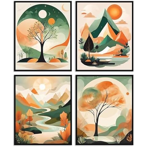 Nilem Design Abstract Boho Prints Wall Art Set of 4 Unframed (8''x10'') Boho Landscape Poster for Home Bedroom Nature Wall Prints Minimalist Landscape Wall Art Modern Aesthetic Mountain Wall Art Cover