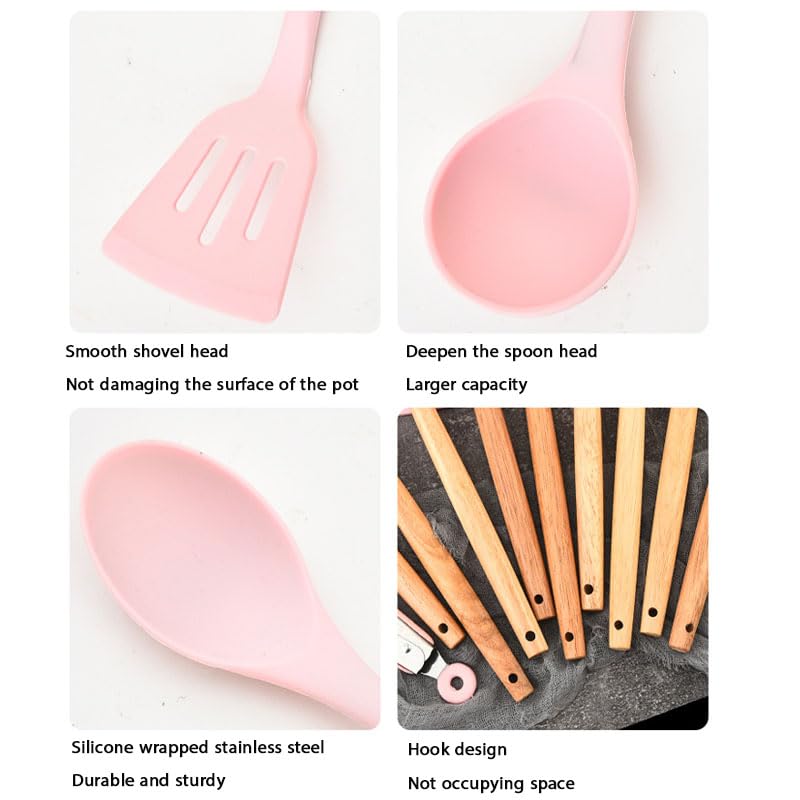 Juego de 19 piezas de utensilios de cocina de silicona, juego de cuchillos de cuchara de sopa de espátula de cocina, herramientas de cocina domésticas sin ollas pegajosas (Verde claro)
