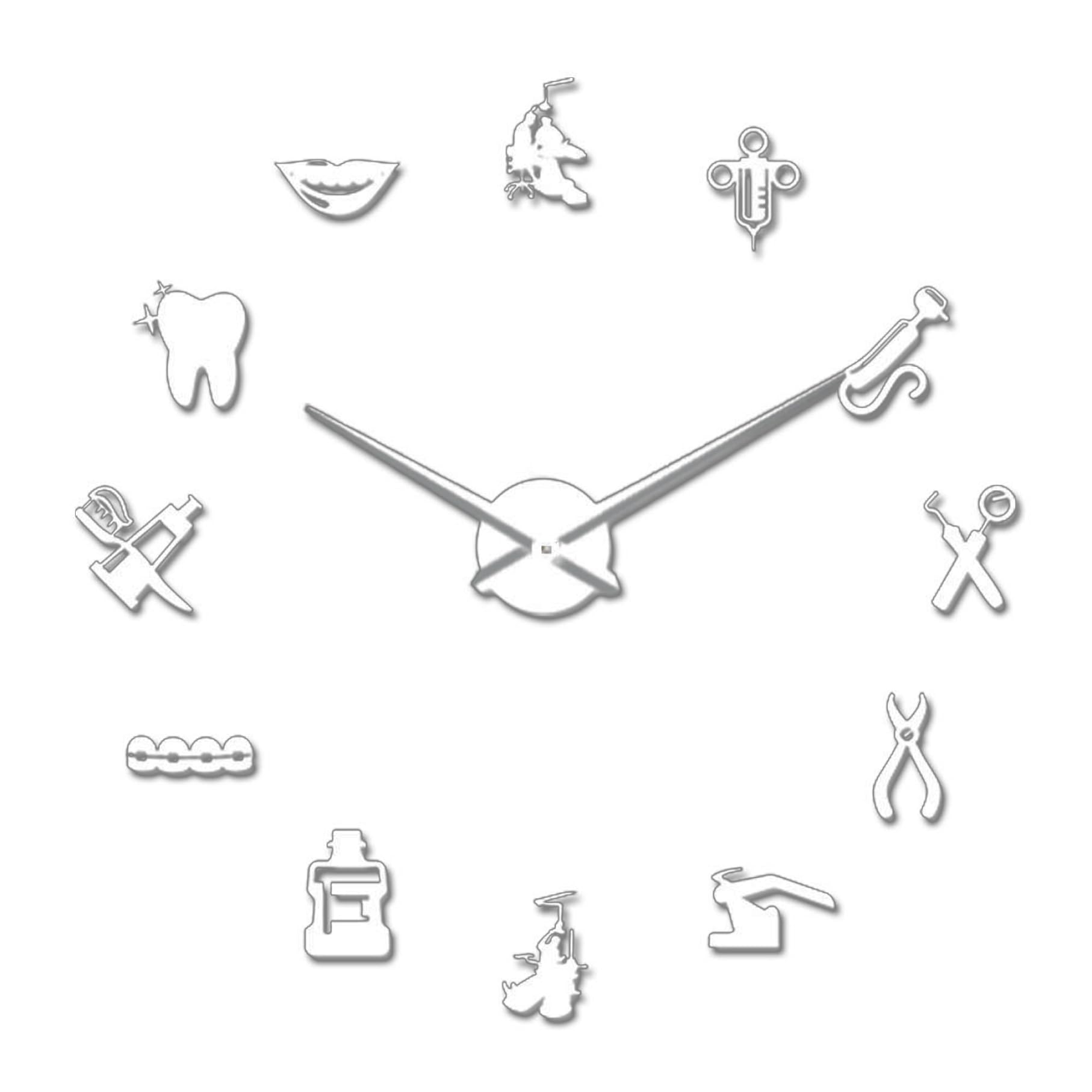 Horloge murale sans cadre argentée en acrylique auto-adhésif pour cabinet dentaire