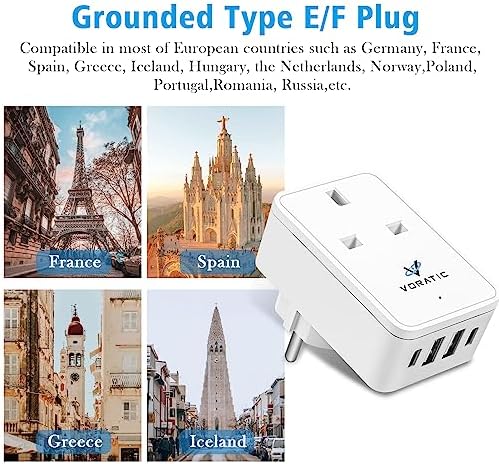 UK to European Plug Adapter,European to UK Plug Adaptor With USB(2 USB A + 2 USB C),Grounded Europe Travel Adapter Applicable For Germany France Spain Russia and More (Type E/F)