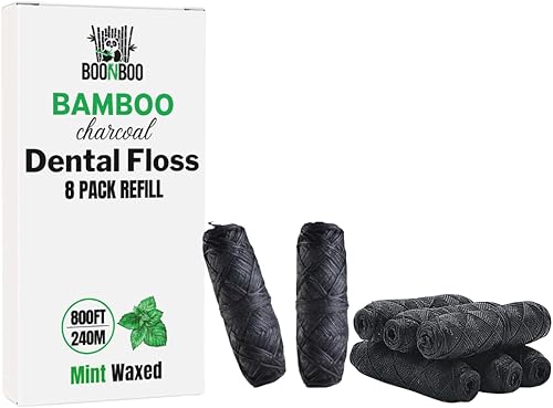 Miniatura 3 de BOONBOO Hilo dental | Dispensador de hilo tejido de bambú de 100 pies/98.4 ft + 8 piezas de 100 pies | Sabor menta | Botella de vidrio recargable |