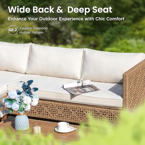 Image of PHI VILLA Wicker Patio Furniture Set, Rattan Patio Sectional Sofa Outdoor Couch Set with Acacia Wood Coffee Table, 7 Pieces U-Shaped Patio Conversation Set for Backyard Porch, Beige Cushion