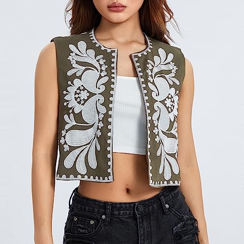 Embroidered Vest Tops for Women Boho Vintage Open Front Sleeveless Cardigan Y2k Cropped Waistcoat Outerwear Gilet2