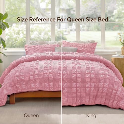 Image of BEDELITE Queen Comforter Set, Seersucker Bedding Set 3 Pieces, Pink | All Season Use, Machine Washable, Soft and Lightweight, Ruched Comforter for Bedroom, Wrinkle-Resistant, Cozy and Stylish