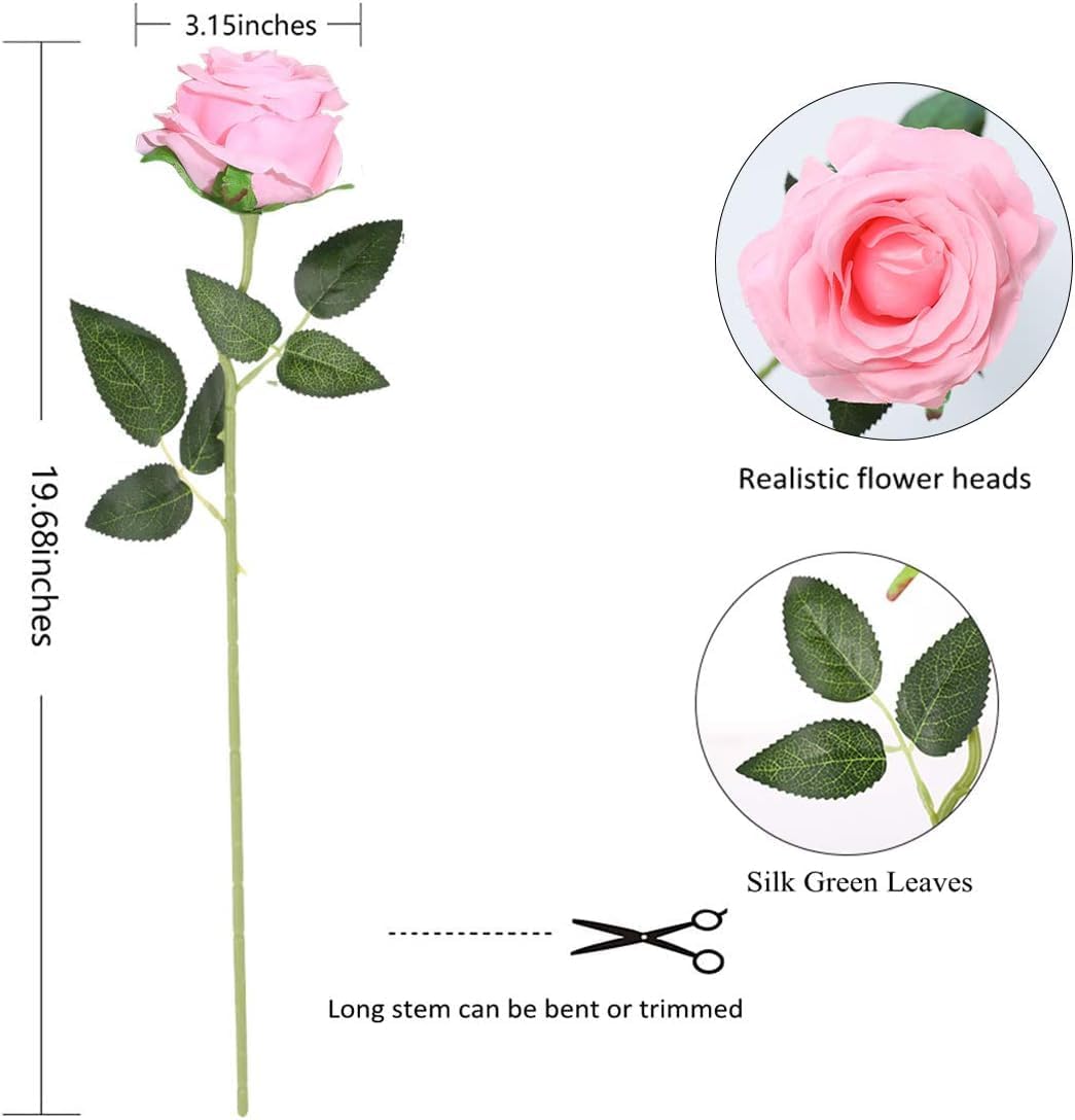 Pink Fake Roses Artificial Flowers - 16 Pcs Fake Artificial Roses Silk Flowers with Stems for Home Wedding Hotel Office Centerpiece Decor