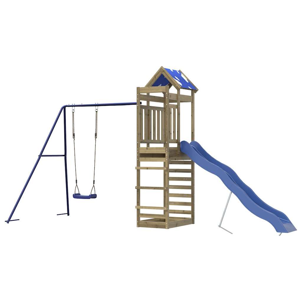 Spielturm aus imprägniertem Kiefernholz mit Rutsche Schaukel Sandkasten für Kinder im Garten, stabiles Klettergerüst mit Seil, Nest, Trapez, Ringe, Zubehör, Outdoor Spielhaus