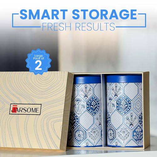 Image of Maroc Collection Airtight Kitchen Container|Set 1100ML- Set of 2| Food Grade Metal Jars for Dals, Millets, Pasta & Dry Food Storage| Vacuum Lid, Rust Resistant, Stylish Moroccan Blue Canisters