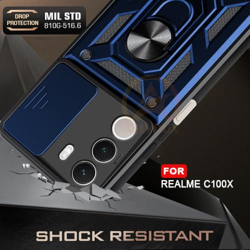 Image of Armor Bumper Back Cover Case for Realme C100X Rotating Camera Cover, Ring Holder & Kickstand | Heavy Duty & 360 Degree Protection Back Cover for Realme C100X (Blue)