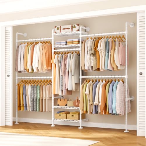 Image of ULIFHOME M7 Wall-Mounted Clothes Rack, Heavy-Duty Garment Closet Rack | Metal Clothing Storage Organizer with Shelves and Expandable Hangers, (66.5-100.7) inchL x 11.8 inchD x 86.6 inchH for Hanging, White