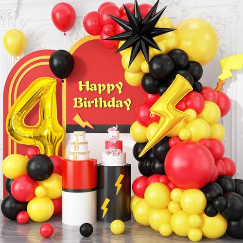 4th Birthday Red Black Yellow Balloons Arch Kit, 4th Cartoon Balloon Garland with Number 4 Balloon Lightning Balloons for 4th Cartoon Ball Theme Birthday Baby Shower Party