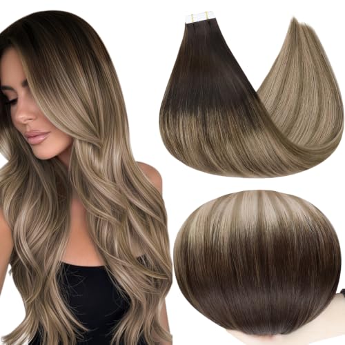 Image of Full Shine Tape in Human Hair Extensions, 20 Inch Brown Blonde Mix | 50g 20PCS, Straight Remy Tape in Extensions, Invisible Seamless Design Add Length Lightweight Wear for Wedding Styling