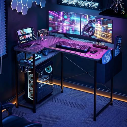 Image of Acrolix L Shaped Gaming Desk 55 Inch - Computer Corner Desk with Power Outlets, Reversible Shelves & Storage Bag for Home Office, PC Gaming Table, Black Carbon