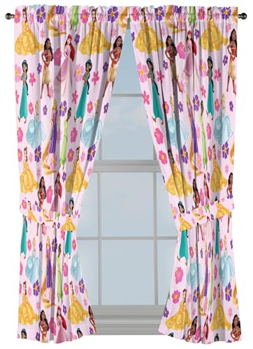 Jay Franco Juego de cortinas de ventana para dormitorio de niños, juego de cortinas con 2 alzapaños, color rosa, princesa de Disney, 106.6 cm de ancho x 160.0 cm de largo (paquete de 2)