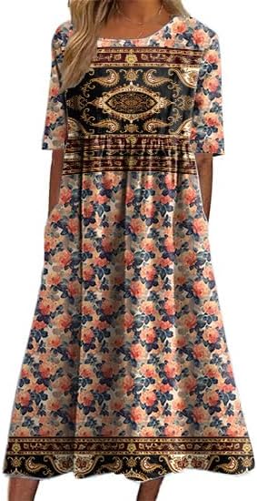 domirica Boho Dress for Women Floral Print Short Sleeve Crewneck Plus Size High Waist Smocked Flowy Swing Ruffle Dress