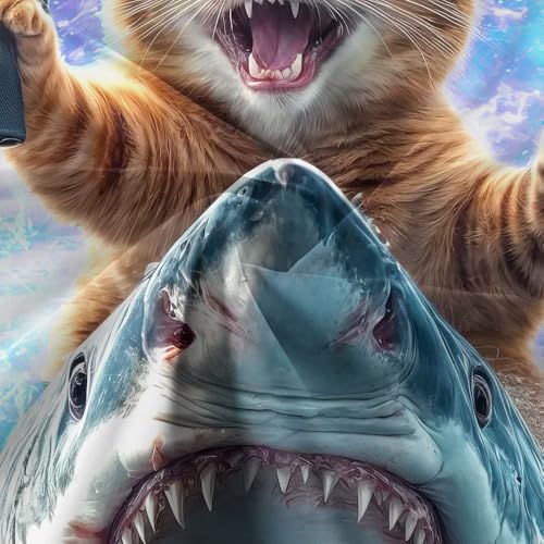 Image of Funny Cat Shower Curtain for Kids, Cute Kitten Riding Shark Ocean Theme Hilarious Cool Fun Grey Purple Wave Animal Nautical Whale Boys Bathroom Sets Decor Fabric Polyester Waterproof 12 Pack Hooks