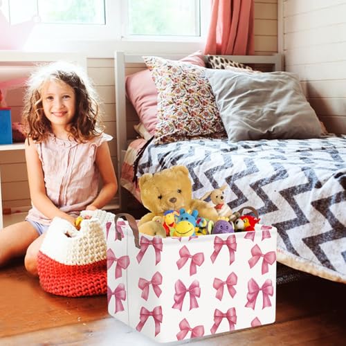 Image of Rectangular Pink Girls basket,Delicate pink bow girls nursery laundry basket,Pink Laundry Hamper,kids waterproof collapsible canvas basket,Toy bins,Girls Room decor(Bowknots)