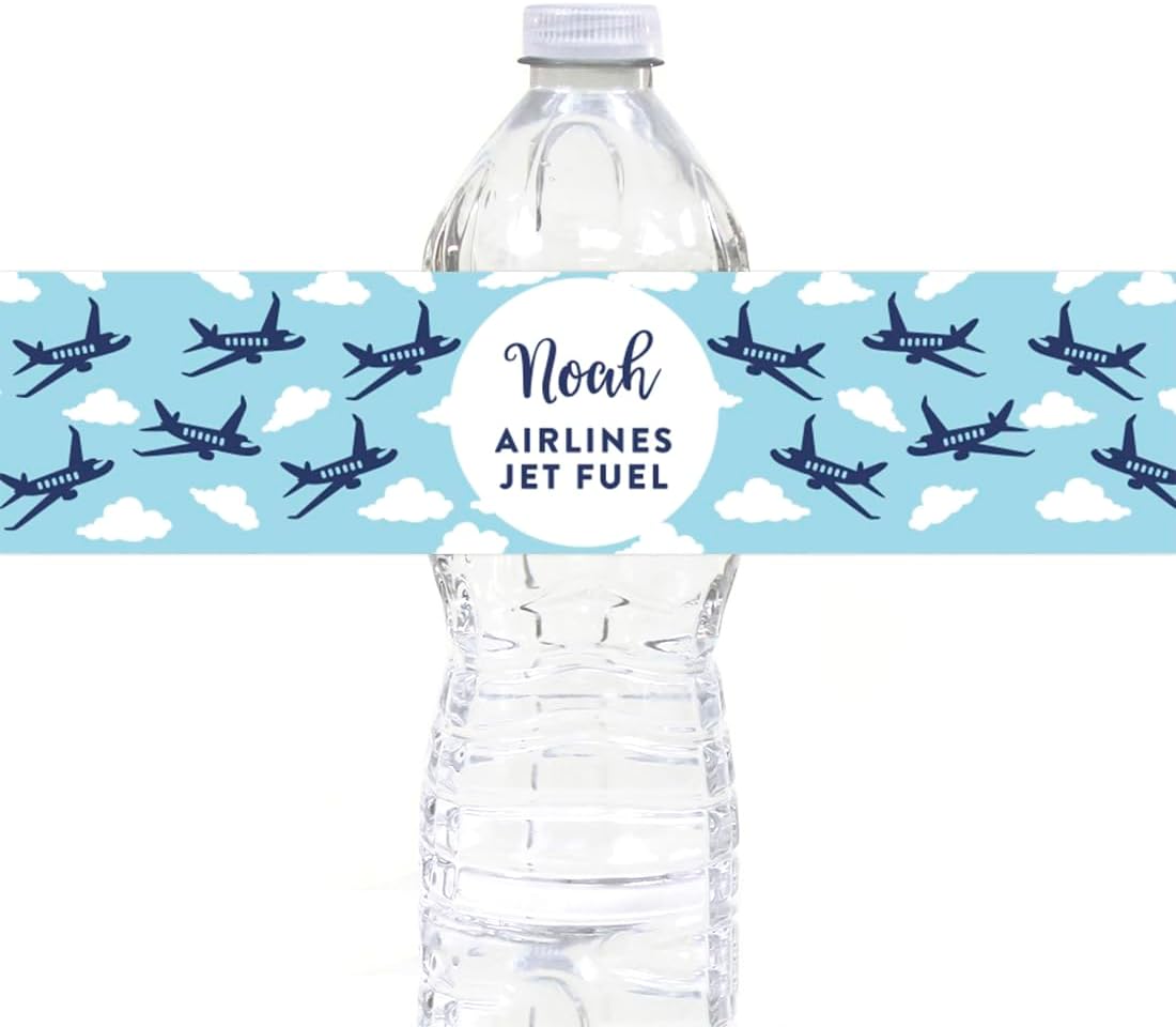 Andaz Press Personalized Blue Airplane and Clouds Birthday Party Collection, Water Bottle Labels, Noah Airlines Jet Fuel, 20-Pack, Custom Name