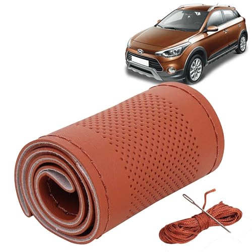 Image of KINGSWAY PU Leatherite Car Steering Cover Sewable Compatible with Hyundai I20 Active (Year 2015 Onwards), Tan Color with Tan Thread, Pack of 1 with Sewing Needle and Thread