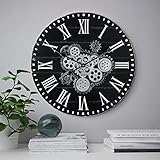 Lafocuse Schwarz Wanduhr Groß mit Beweglichen Zahnrädern Industrial Steampunk XXL Holz Vintage Retro Romische Zahlen 57 cm für Küche Wohnzimmer Bar