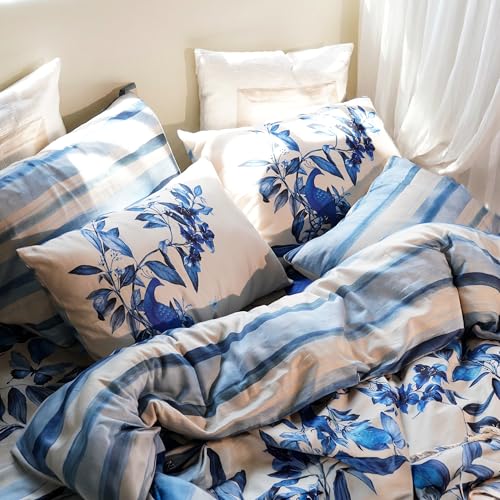 Image of Digitally Printed Premium Bedsheet Set | 300 TC 100% Cotton 1 Queen Bedsheet Set | Extra Smoothness with Sateen Weave| Blue Bird Bedsheet Set (1 Flat Sheet + 2 Pillow Cases)
