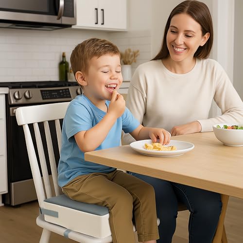 Image of Eiury Booster Seat for Kitchen Chair, Toddler Booster Seat for Dining Table, Waterproof PU Leather Kids Seat Cushion with Adjustable Straps, Non-Slip Bottom, Wipeable Seat Pad,Dark Grey+White