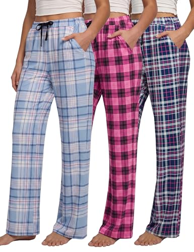 JOYLADY Women Pajama Pants 3-Pack Plaid Sleep Lounge PJ Bottoms with Pockets Set A-M