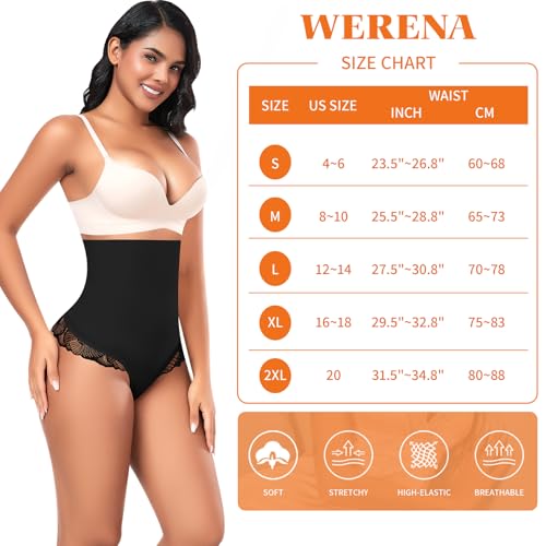 Image of Werena Tummy Control Thong Shapewear for Women High Waisted Body Shaper Panties Shaping Thong Girdle Underwear(02# Lace Black,Medium)
