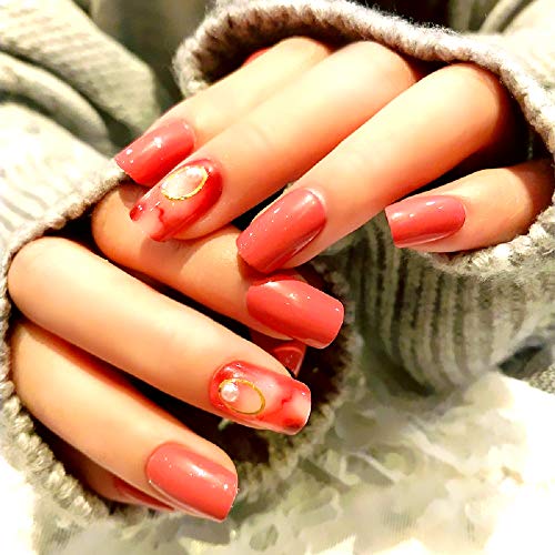 24 pieces Fake nails Bean sand red pearl finished nail patch False Coffin Shape Pre-design Full Nail Tips