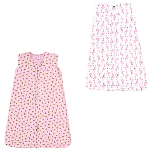 Hudson Baby Unisex Baby Cotton Sleeveless Wearable Sleeping Bag, Gold Hearts and Flamingo 2-pack, 12-18 Months US