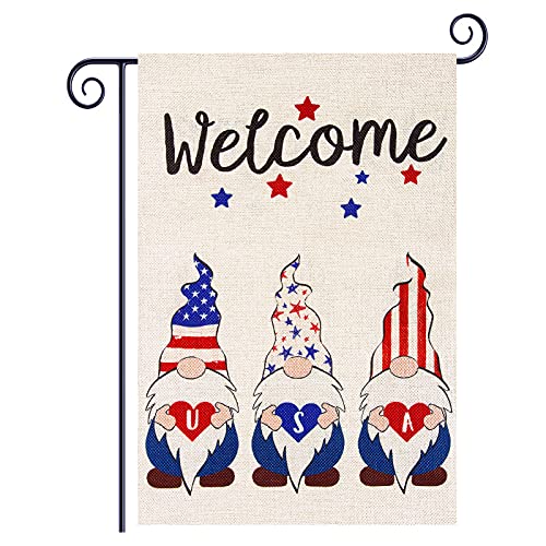 Roberly Welcome Gnome Patriotic Garden Flag Double Sided, 4th of July Americ-an Garden Flag Patriotic Yard Flag Memorial Day Independence Day Outdoor Home Patriotic Decorations Gifts 12.5 X 18 Inches