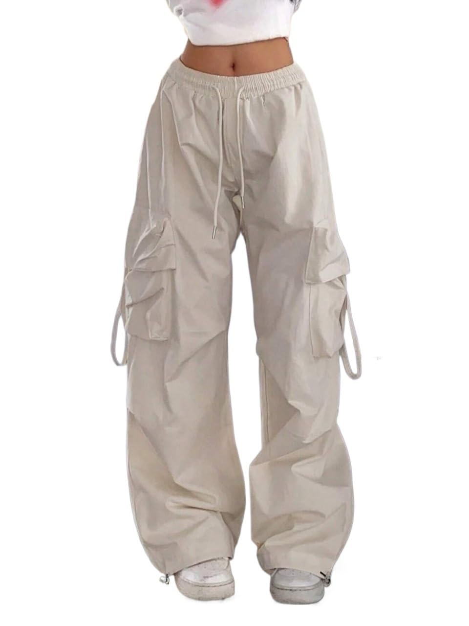 Womens Fall High Waist Pocket Drawstring Waist Elastic Cargo Pants Trousers Beige