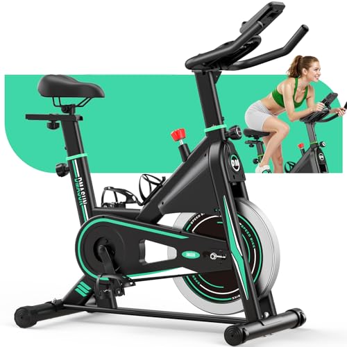 DMASUN Upgraded - Bicicleta de ejercicio silenciosa, resistencia ajustable de 0 a 100%, pantalla LCD, soporte para tableta, bicicleta estática profesional con asiento cómodo, capacidad 160 kg