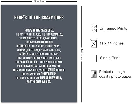 Miniatura 2 de GRANDE 11 x 14 Here's to the Crazy Ones Póster motivacional de arte de pared Citas inspiradoras Refranes inspiradores para decoración de pared