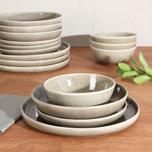 Image of Gibson Elite Berea 16 Piece (Service for 4) Plates and Bowls Reactive Glaze Round Dishes Stoneware Ceramic Dinnerware Set -Taupe