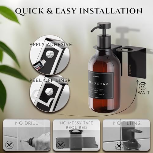 Shower Shampoo Dispenser Wall Mounted – Refillable 16.9 oz Amber Bottle with Stainless Steel Pump & No-Drill Adhesive Holder – Soap Dispenser for Bathroom (1 X Amber/Black) - image 4