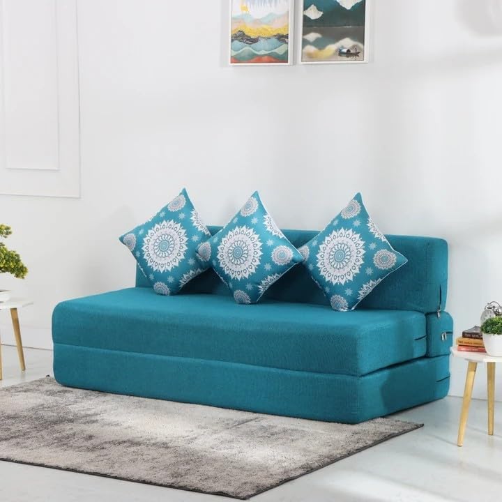 Image of Convertible Fabric Sofa Cum Bed | Foldable Double Foam & Washable Cover with Cushions | Modern Design Use Living Room & Guest Room (Jute-Blue-Lite-Flower, 5X6 Ft)