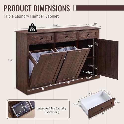 Image of IFBUY Triple Tilt Out Laundry Hamper Cabinet, Trash Cabinet, Brown