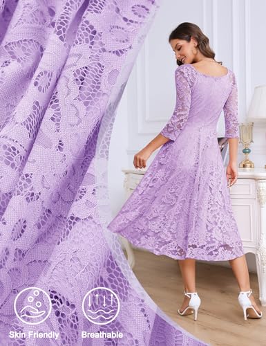 Image of Dressystar Womens Long-Sleeve Wedding Guest Dress A-Line Lace Formal Party Cocktail Midi Dress Prom Gown