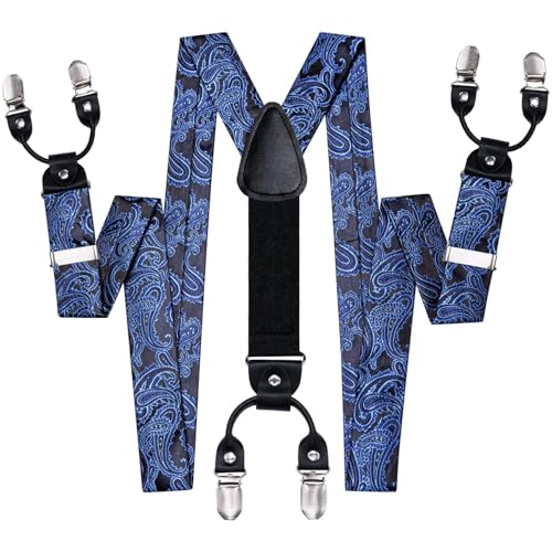 Image of Hi-Tie Men's Suspenders and Tie Set Silk Adjustable Elastic Y Braces with Strong 6 Clips Pocket Square Set