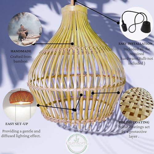 Image of Craftscape Bamboo Hanging Pendant Lamp | Boho Cane Lampshade | Bamboo Lights | Collection (SolaMic)