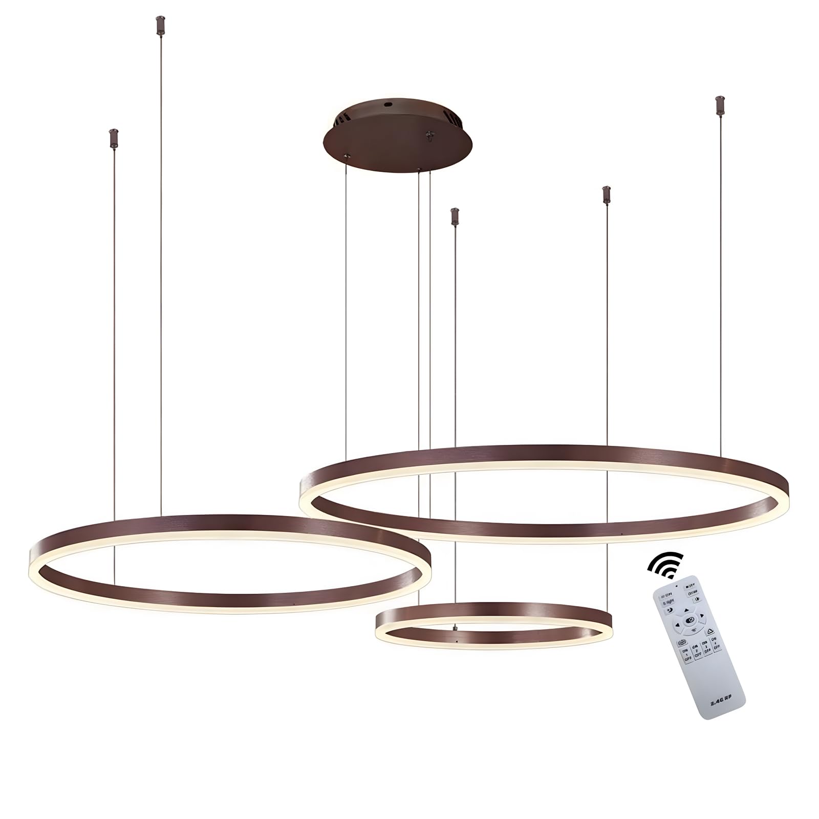 WayLuoung Led-kroonluchters van hout, plafondlamp, 3 ringen, dimbaar, ronde hanglamp, verstelbaar, keukeneiland, eetkamer, woonkamer, hal, 20 40 60 cm